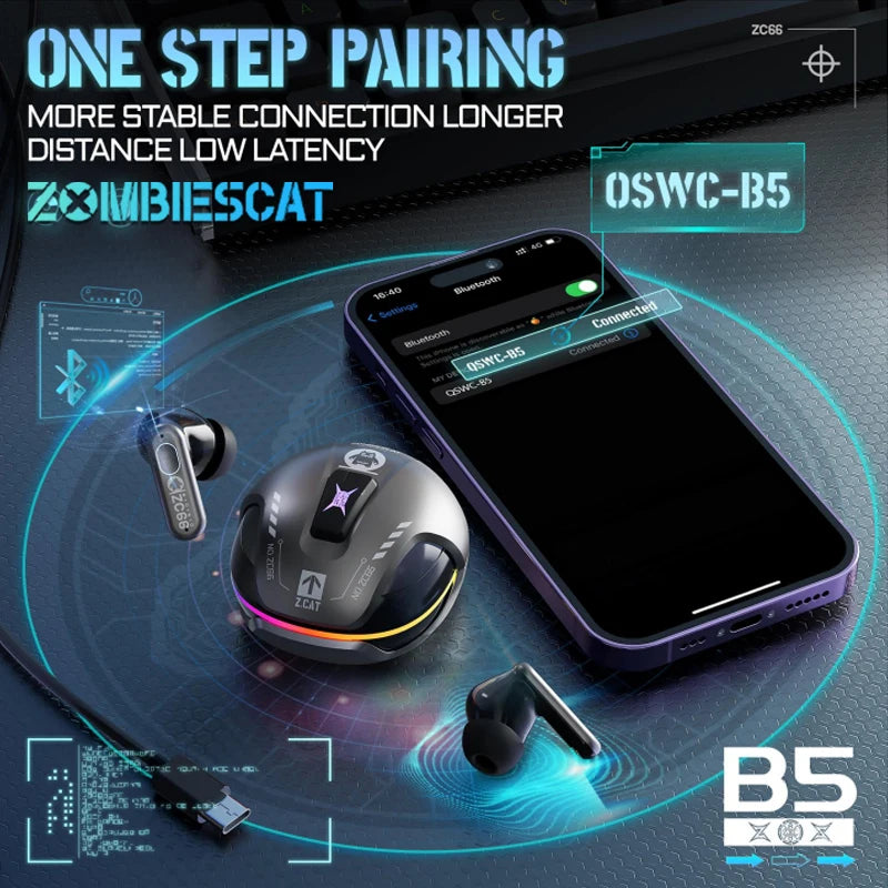 ZOMBIESCAT B5 TWS Bluetooth 5.4 Earphones 38ms Game Mode HD Call Noise Reduction Headphones 60H Long Endurance Gaming Headsets